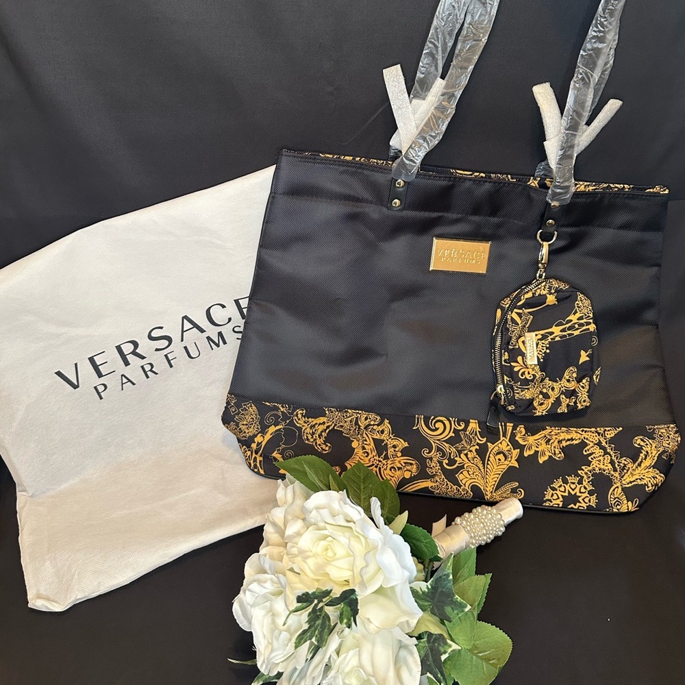 Versace Parfums Black and Gold Nylon Tote Bag w/ Detachable Mini-pouch
